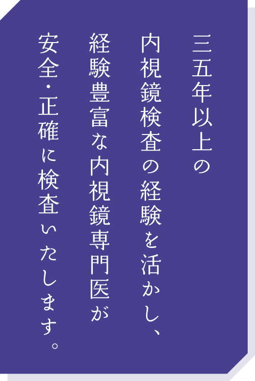 三五年以上の内視鏡検査の経験を活かし、経験豊富な内視鏡専門医が安全・正確に検査いたします。